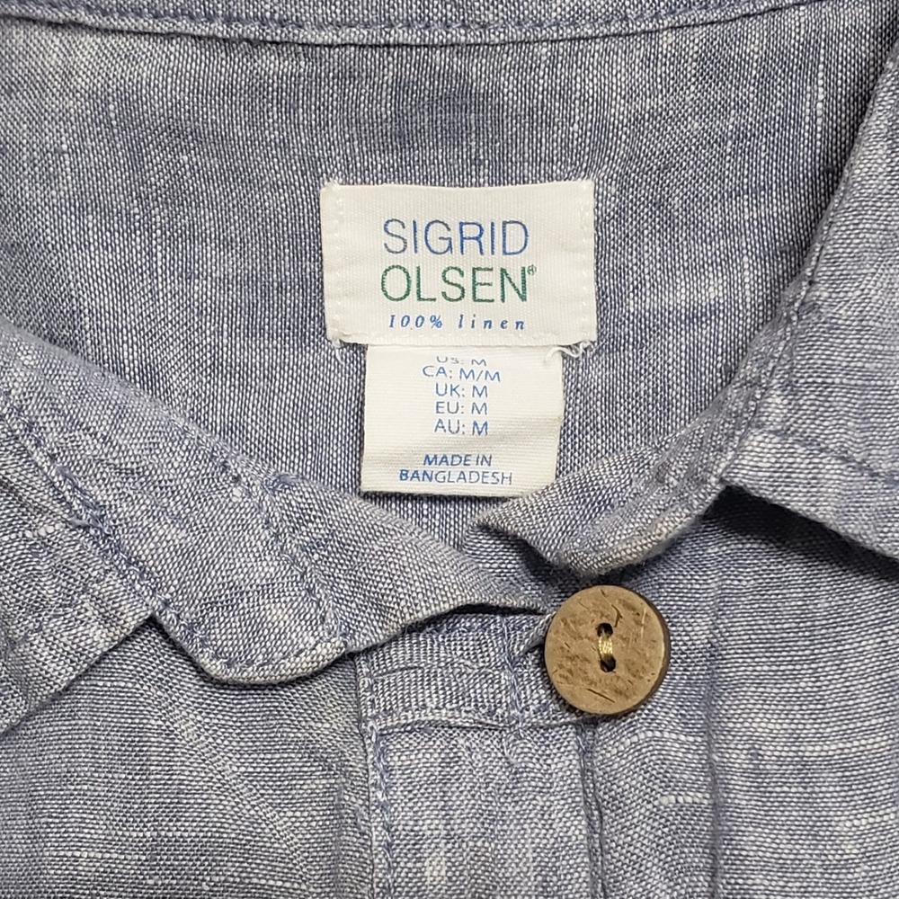 Sigrid Olsen Women Medium Blue 100% Linen Roll Tab Sleeve Henley Tunic Top - Picture 5 of 10